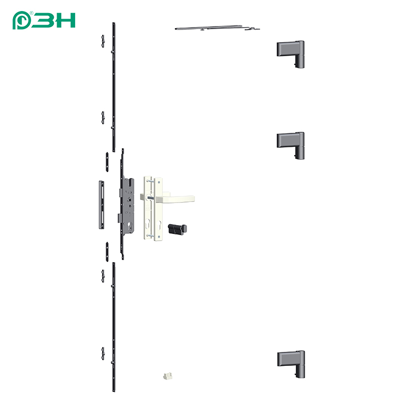 Sistema di ferramenta per porta a battente con scanalatura a U in UPVC con maniglia bidirezionale