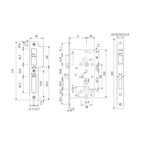 Corpo della serratura della porta con chiavistello morto 